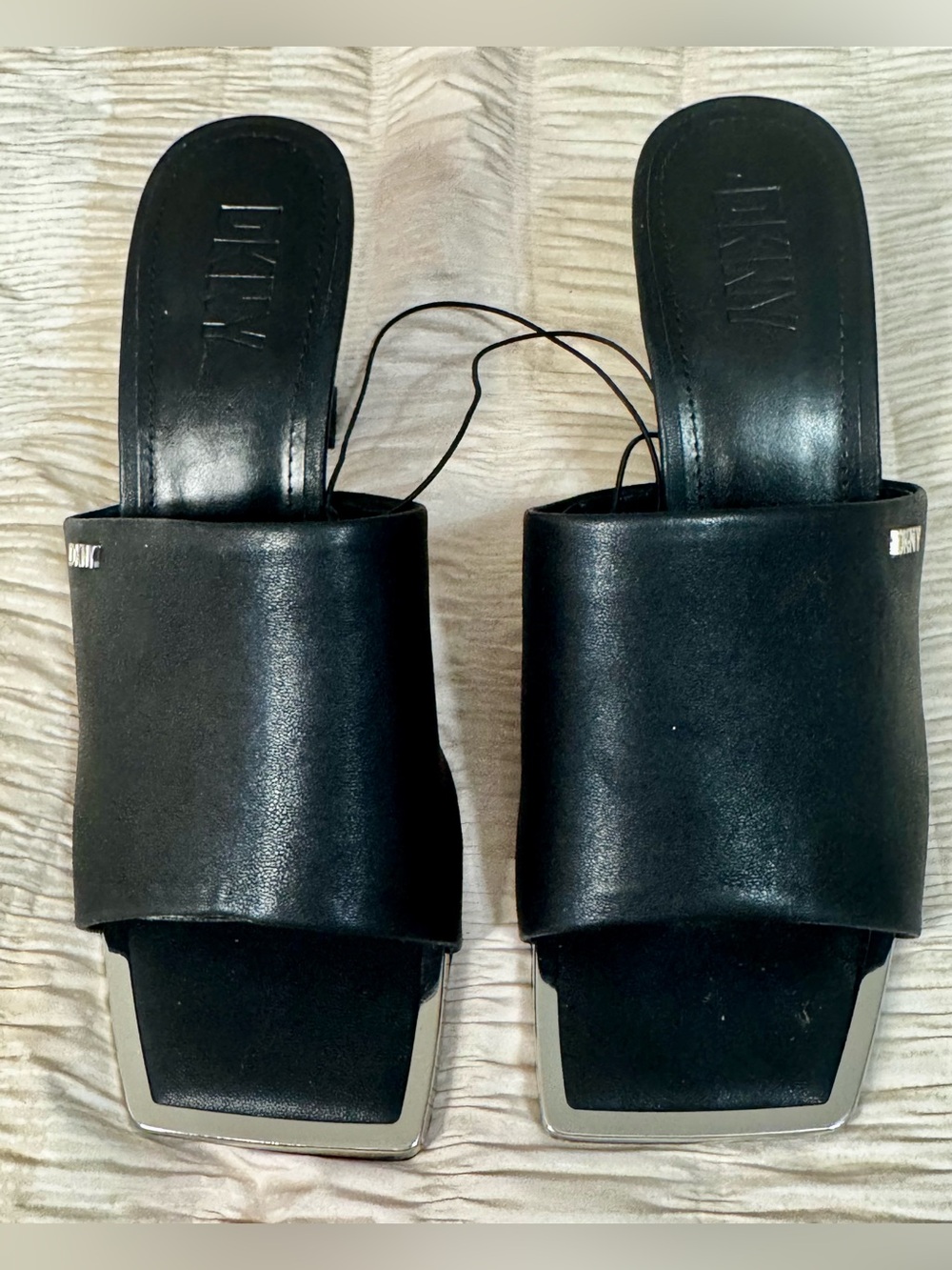 DKNY Black Leather Square-Toe Slide Mules